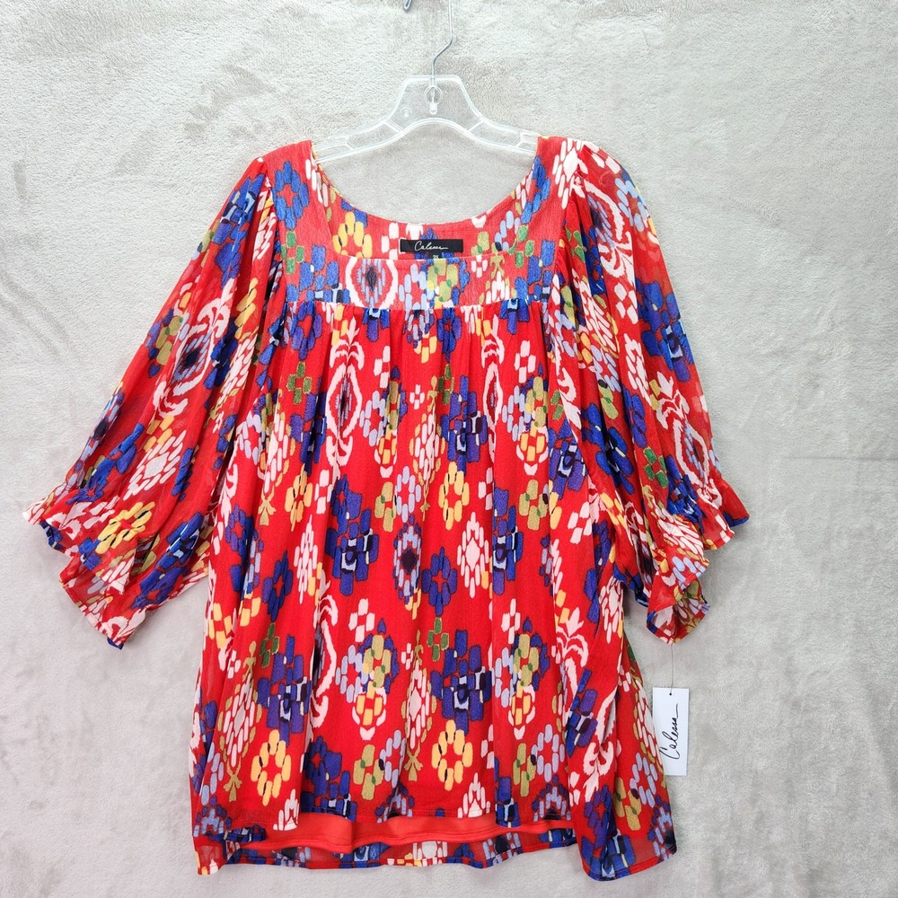 Calessa Tunic Womens 2X Red Multi Ikat Print Square Neck 3/4 Sleeve Blouse Top‎